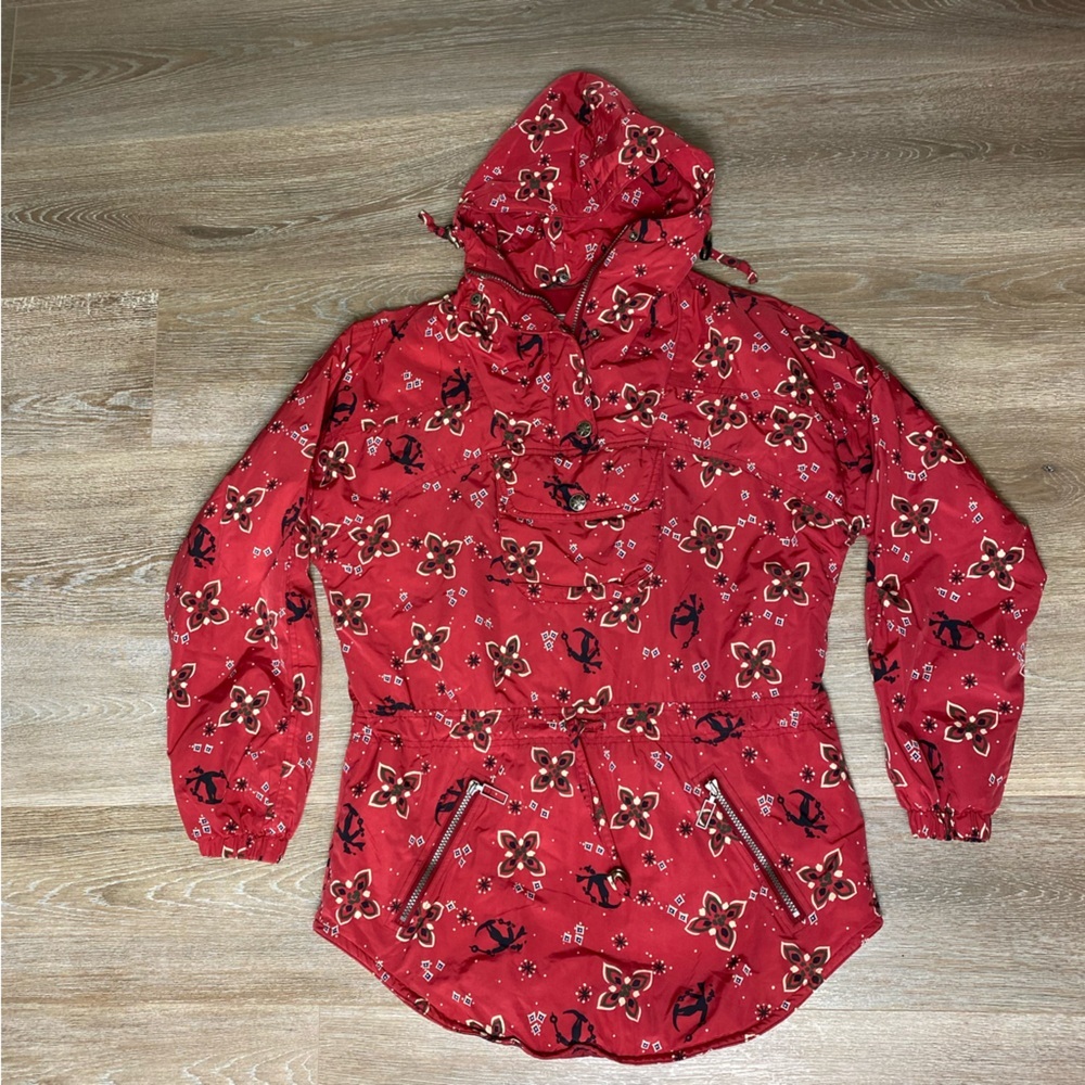 VTG LL Bean Women’s Nylon Hoodie Ski Jacket Floral Red Size Small